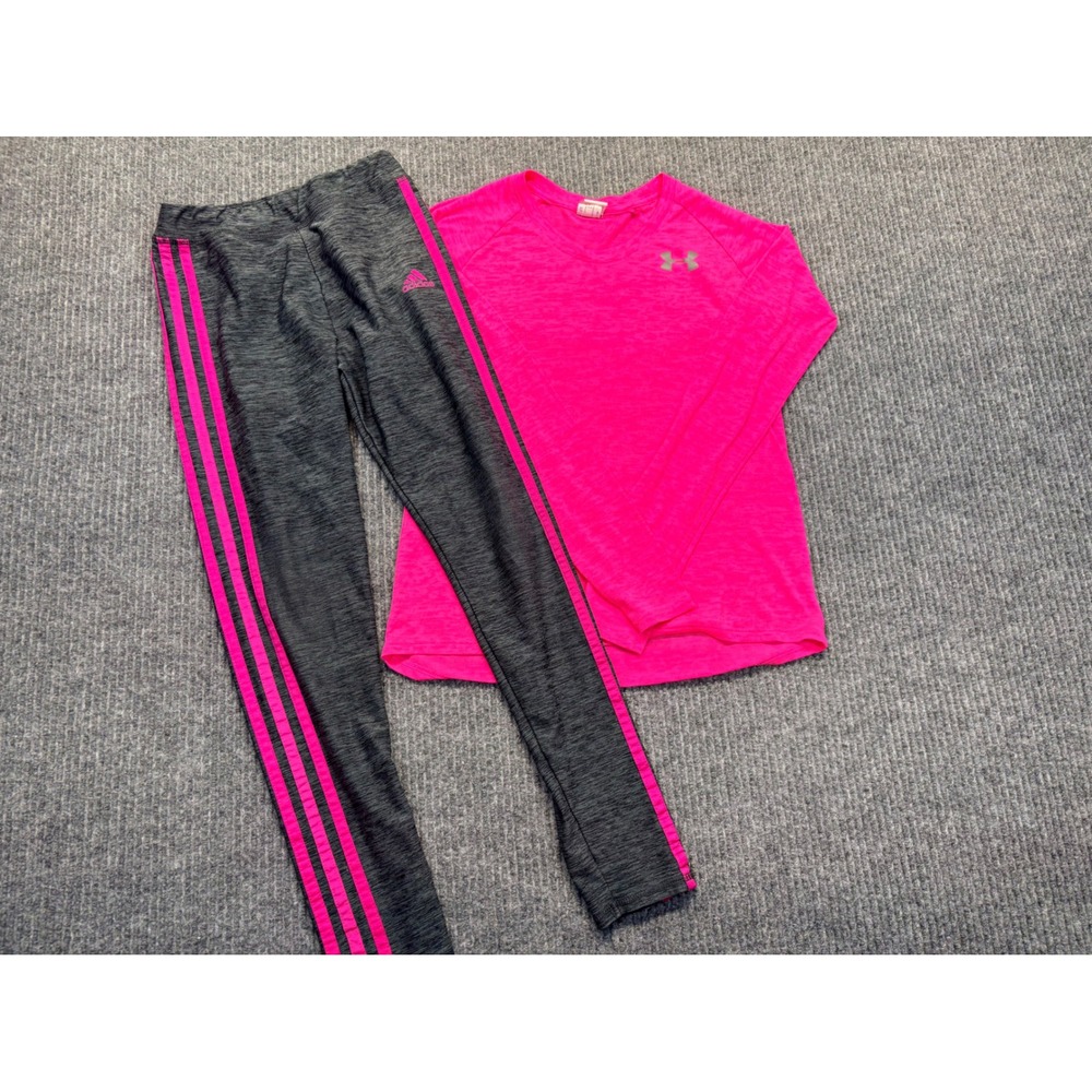Under Armour Pink Long Sleeve Shirt & Adidas Grey 3-Stripe Leggings Set Kids YMD